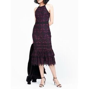 Banana Republic Women’s Halter Black Burgundy Crochet Overlay Ruffle Hem Dress 8